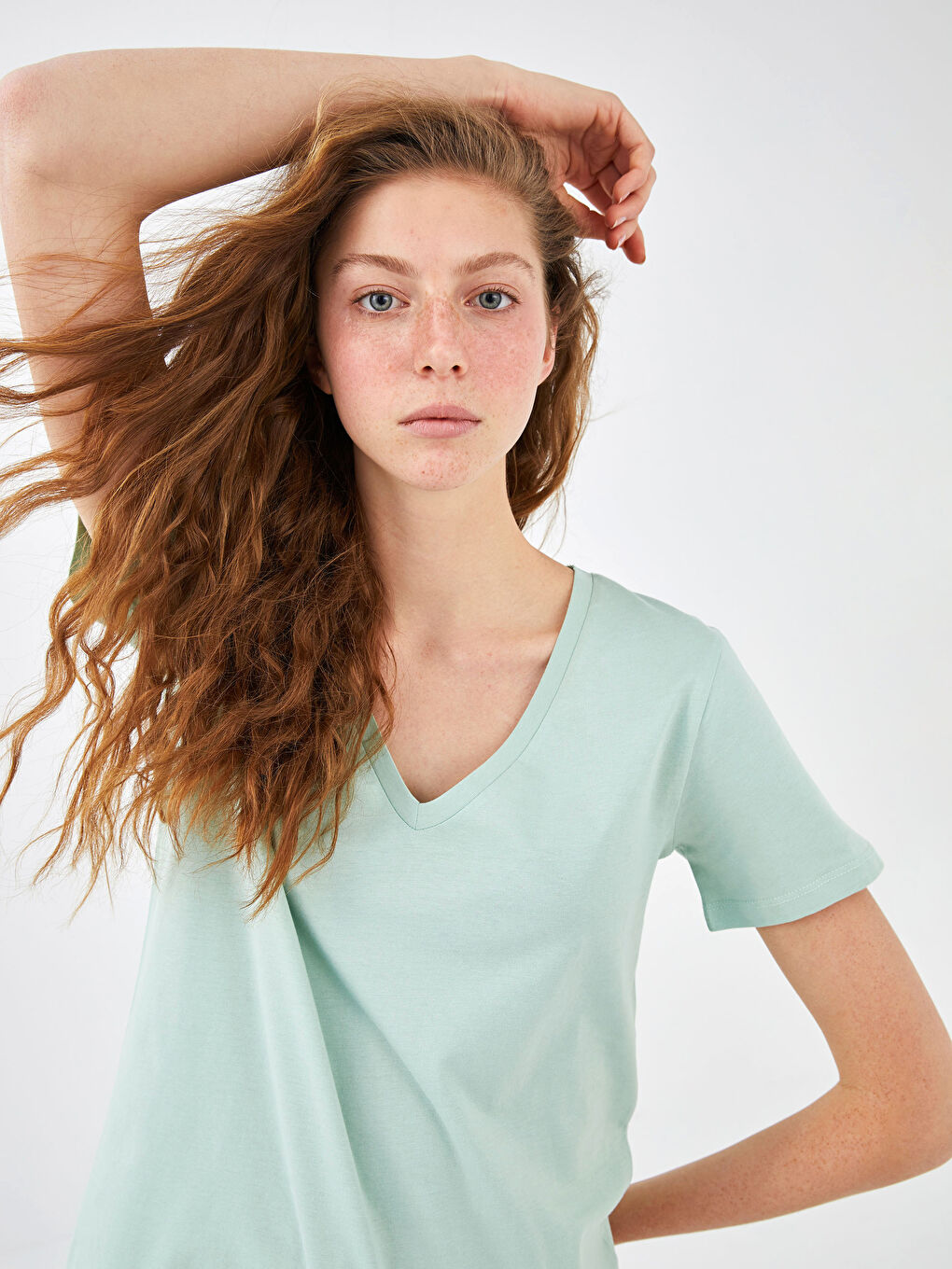 V Neck Plain Cotton Women T-Shirt-3