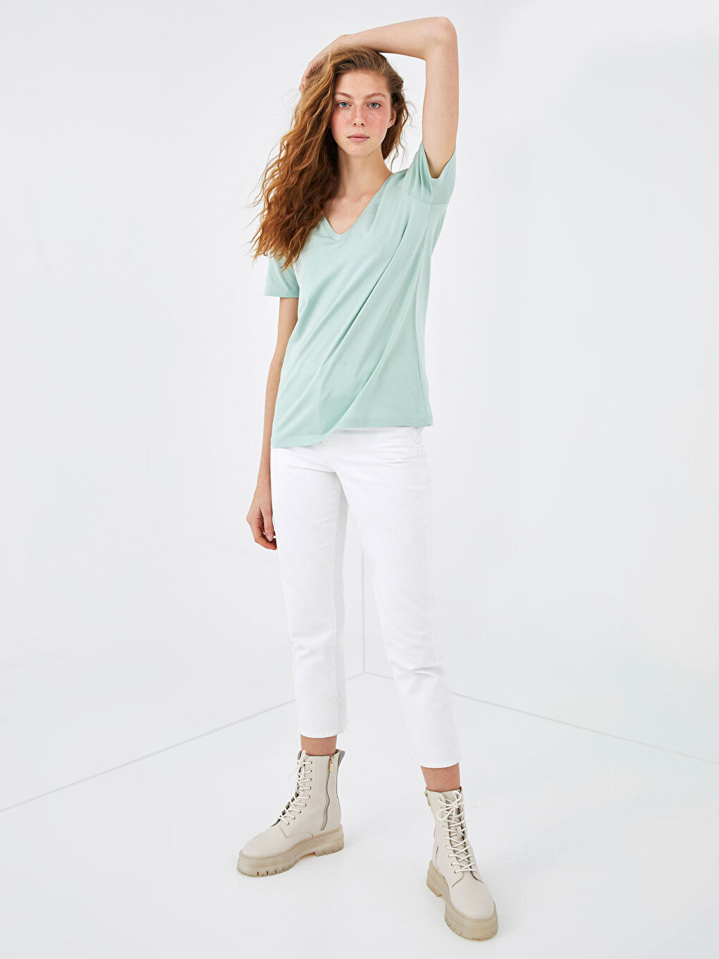 V Neck Plain Cotton Women T-Shirt-4