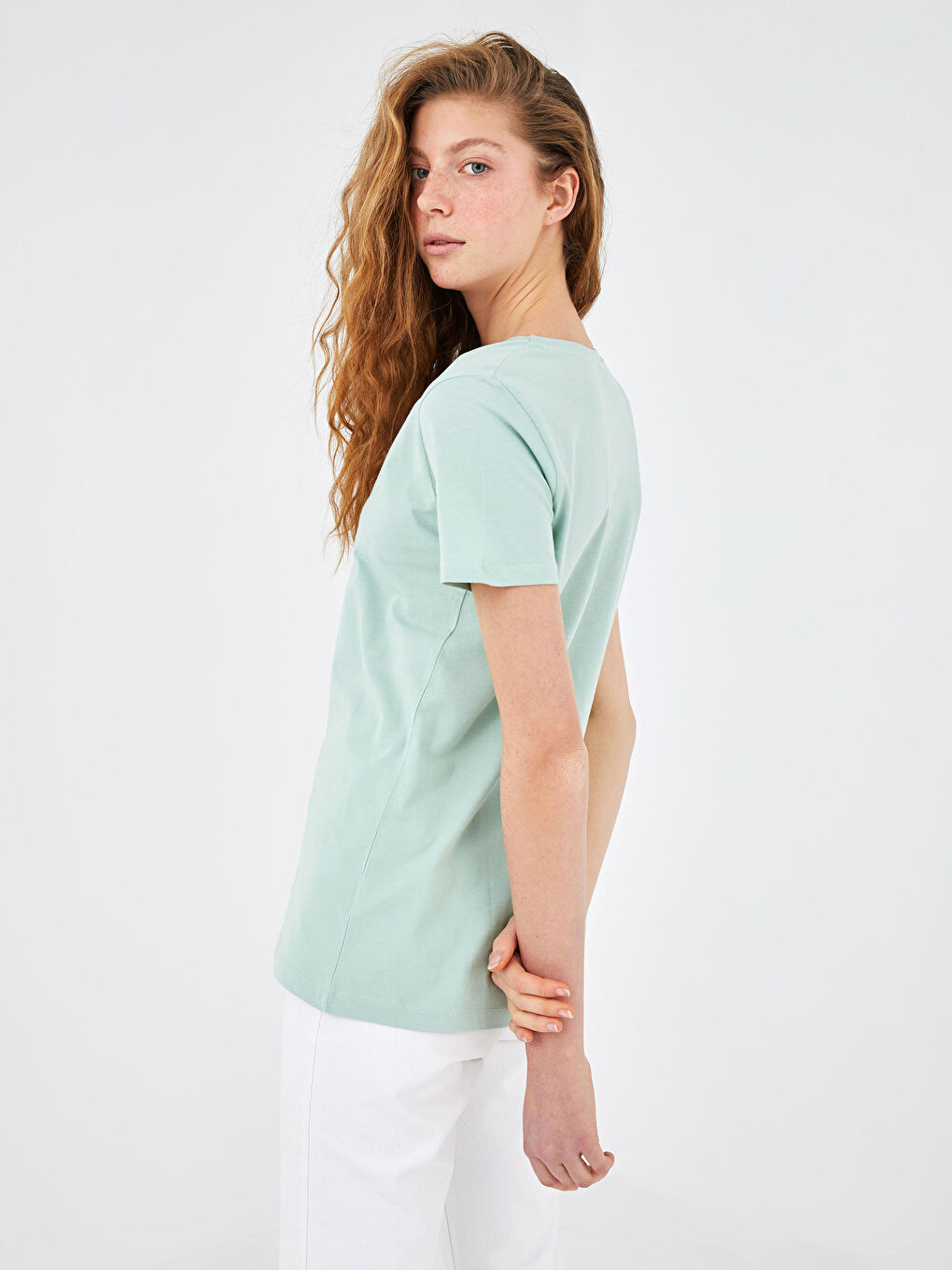 V Neck Plain Cotton Women T-Shirt-5