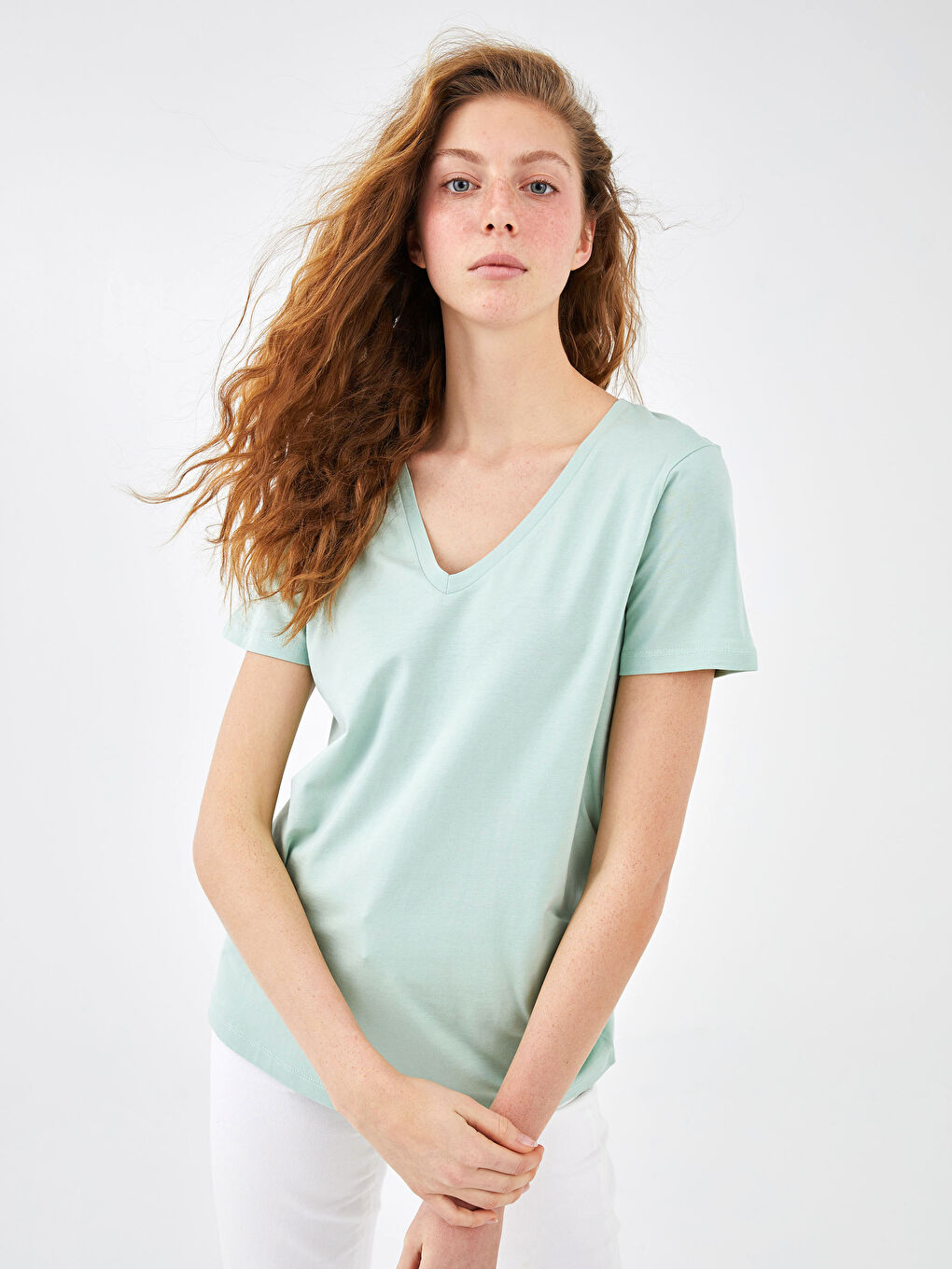 V Neck Plain Cotton Women T-Shirt-1