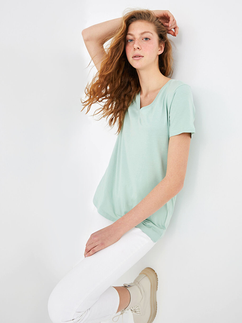 V Neck Plain Cotton Women T-Shirt-2