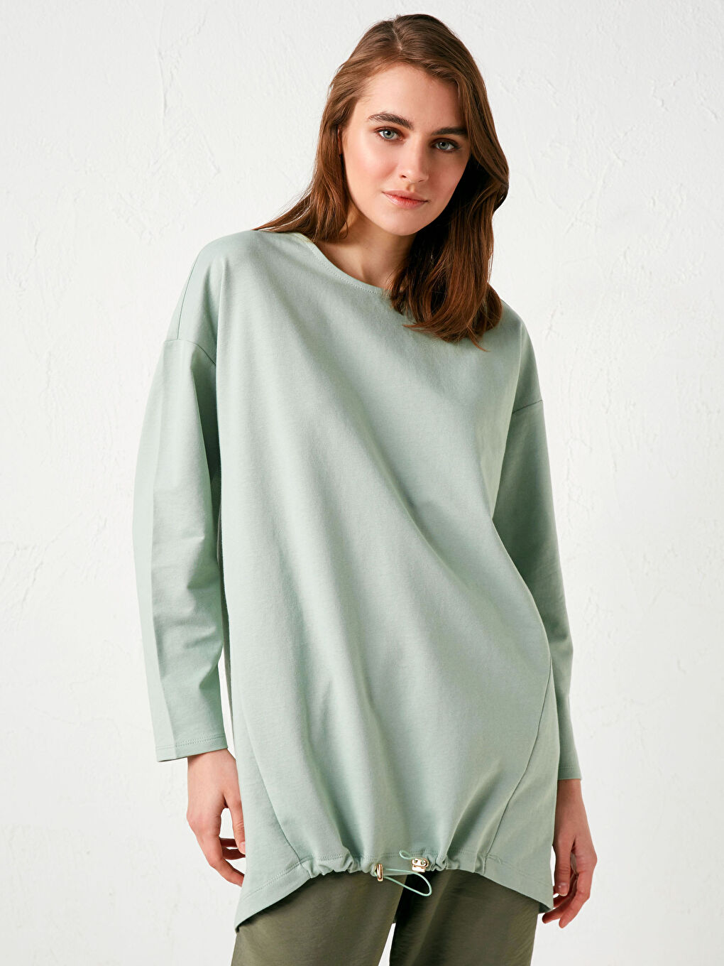 Yeşil Bisiklet Yaka Düz Uzun Kollu Kadın Sweatshirt Tunik-5