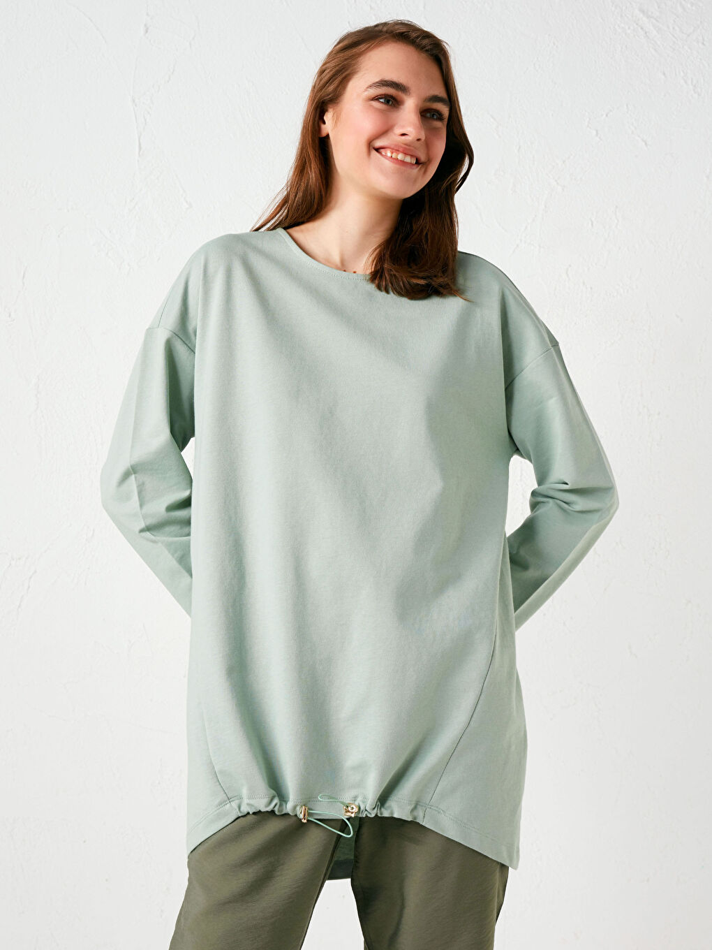 Yeşil Bisiklet Yaka Düz Uzun Kollu Kadın Sweatshirt Tunik-6