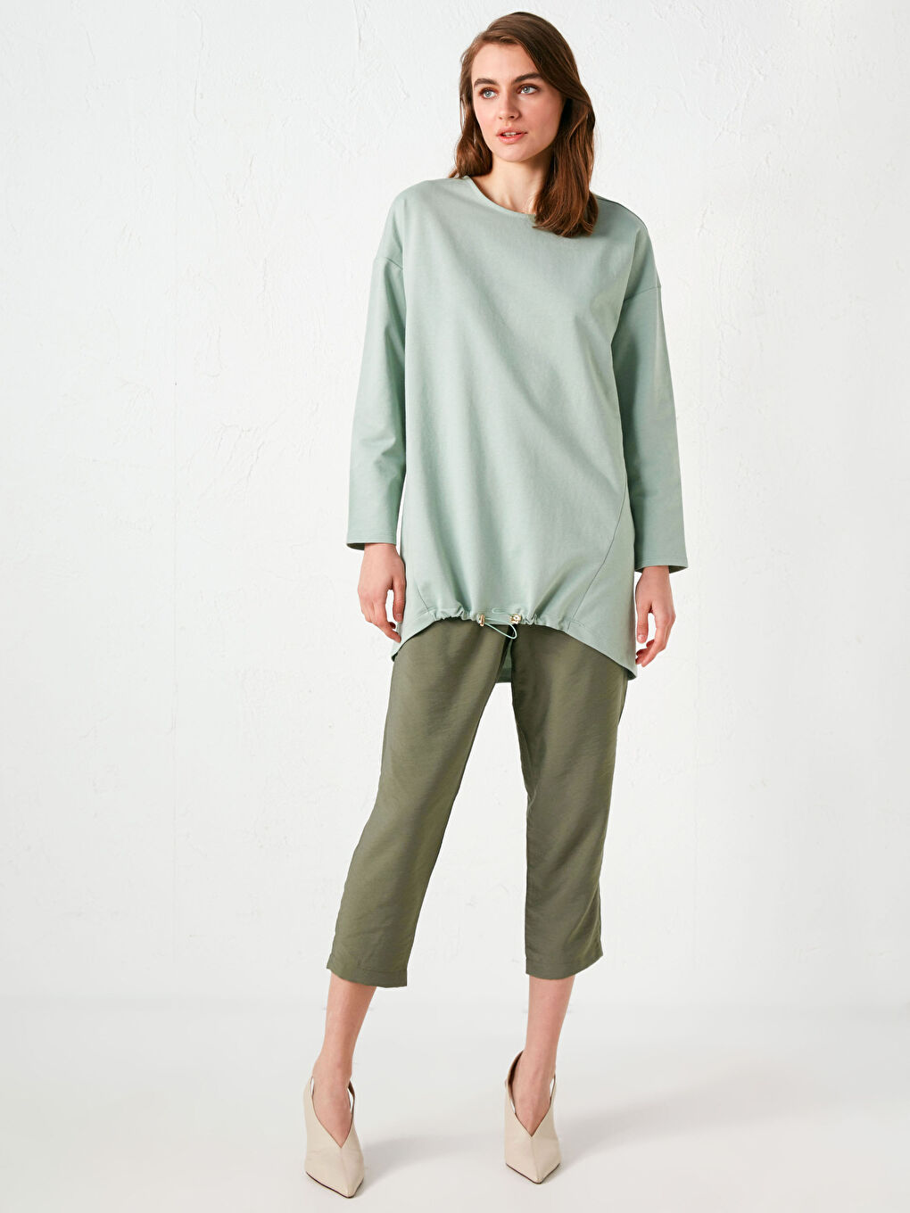 Yeşil Bisiklet Yaka Düz Uzun Kollu Kadın Sweatshirt Tunik-7