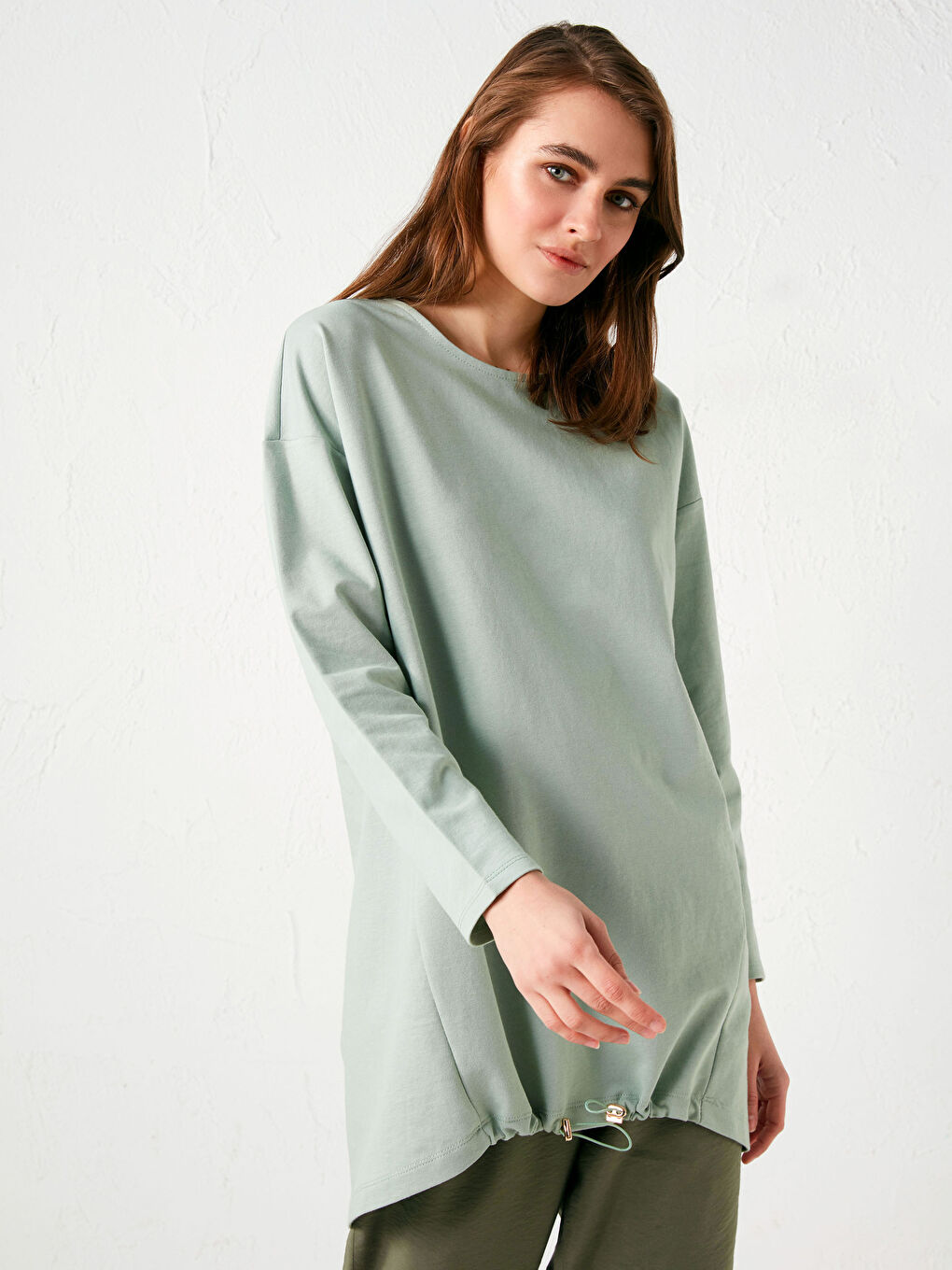 Yeşil Bisiklet Yaka Düz Uzun Kollu Kadın Sweatshirt Tunik-8