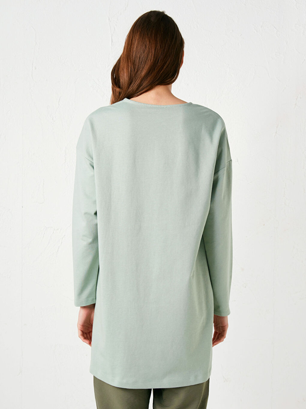 Yeşil Bisiklet Yaka Düz Uzun Kollu Kadın Sweatshirt Tunik-9