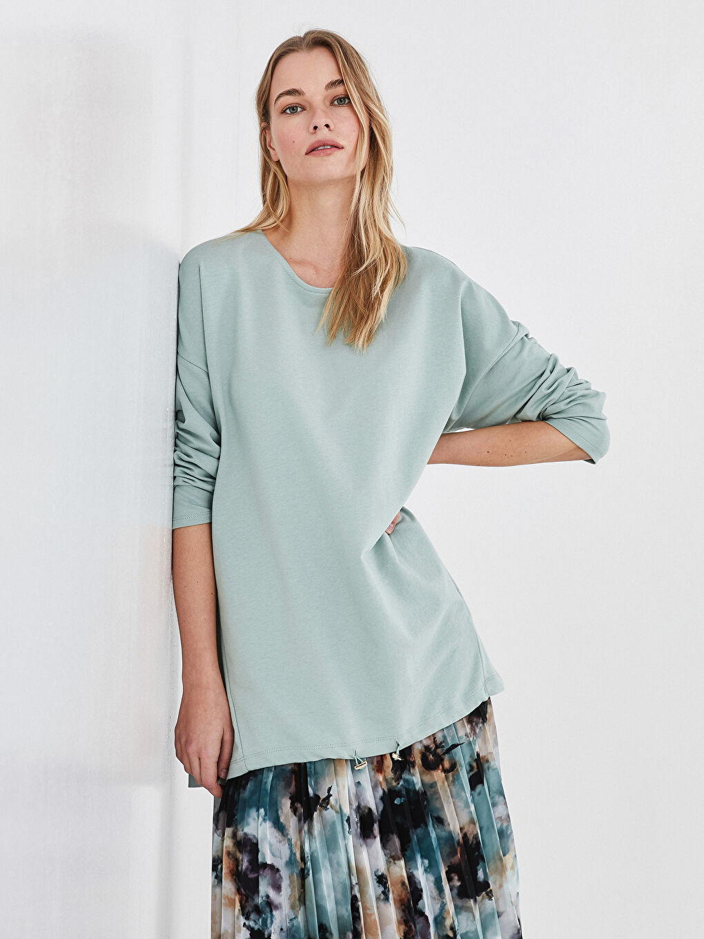 Yeşil Bisiklet Yaka Düz Uzun Kollu Kadın Sweatshirt Tunik