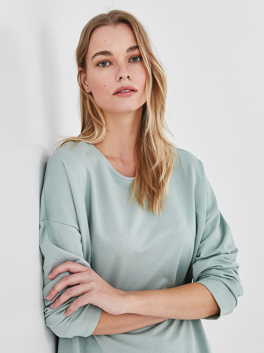 Yeşil Bisiklet Yaka Düz Uzun Kollu Kadın Sweatshirt Tunik-1