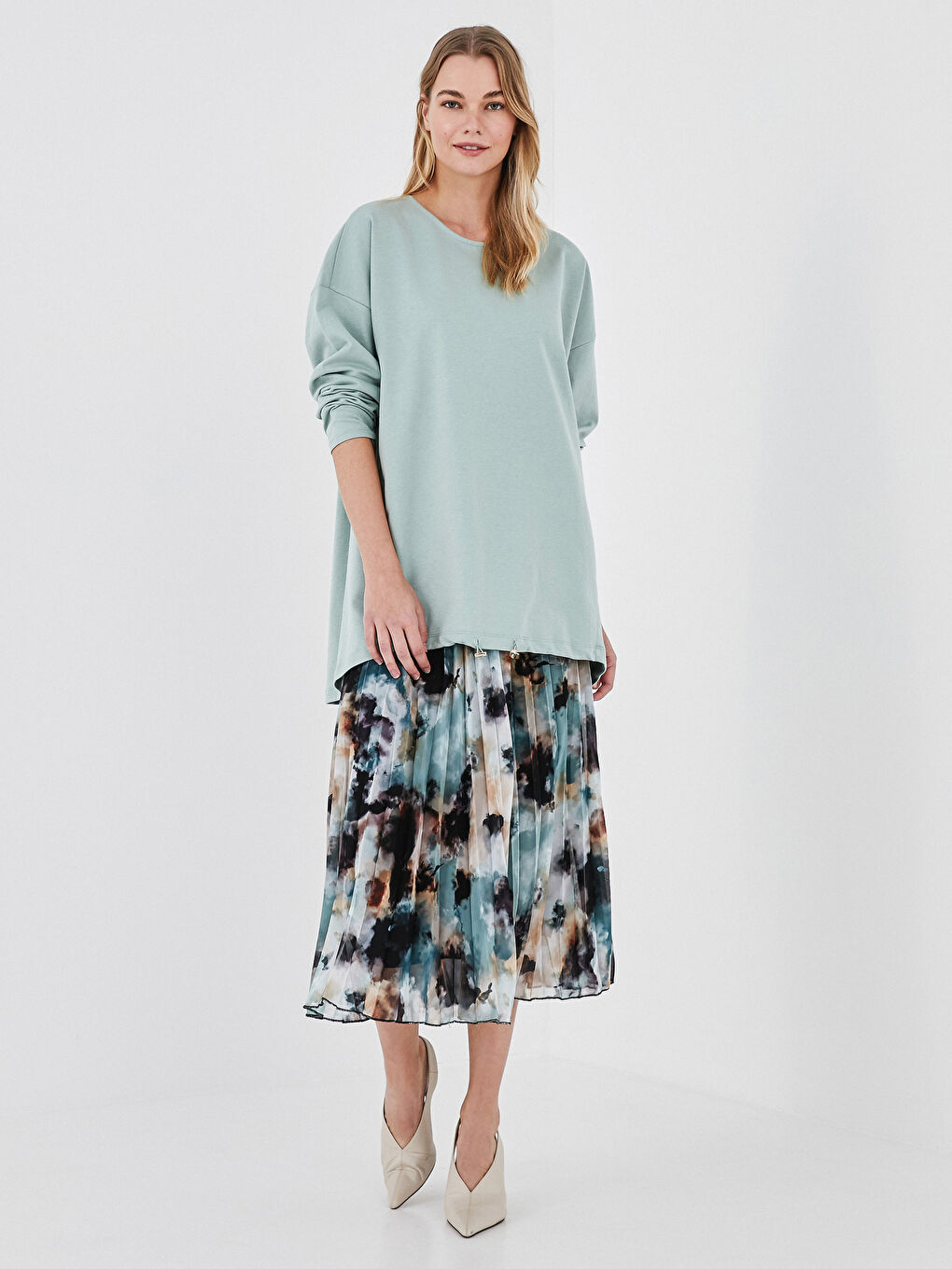 Yeşil Bisiklet Yaka Düz Uzun Kollu Kadın Sweatshirt Tunik-2