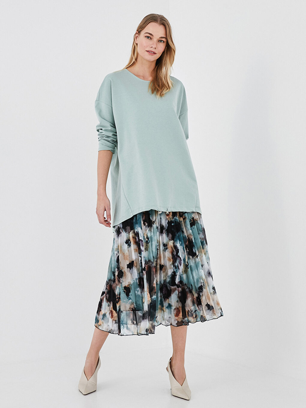 Yeşil Bisiklet Yaka Düz Uzun Kollu Kadın Sweatshirt Tunik-3