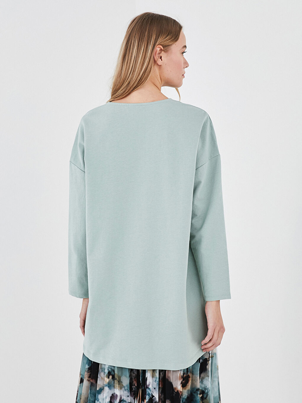 Yeşil Bisiklet Yaka Düz Uzun Kollu Kadın Sweatshirt Tunik-4