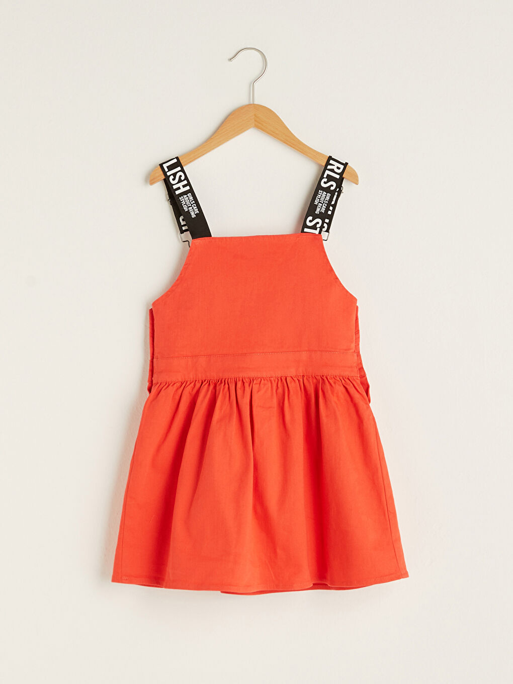 Kırmızı Kare Yaka Slogan Baskılı Askılı Kız Çocuk Salopet Elbise-1