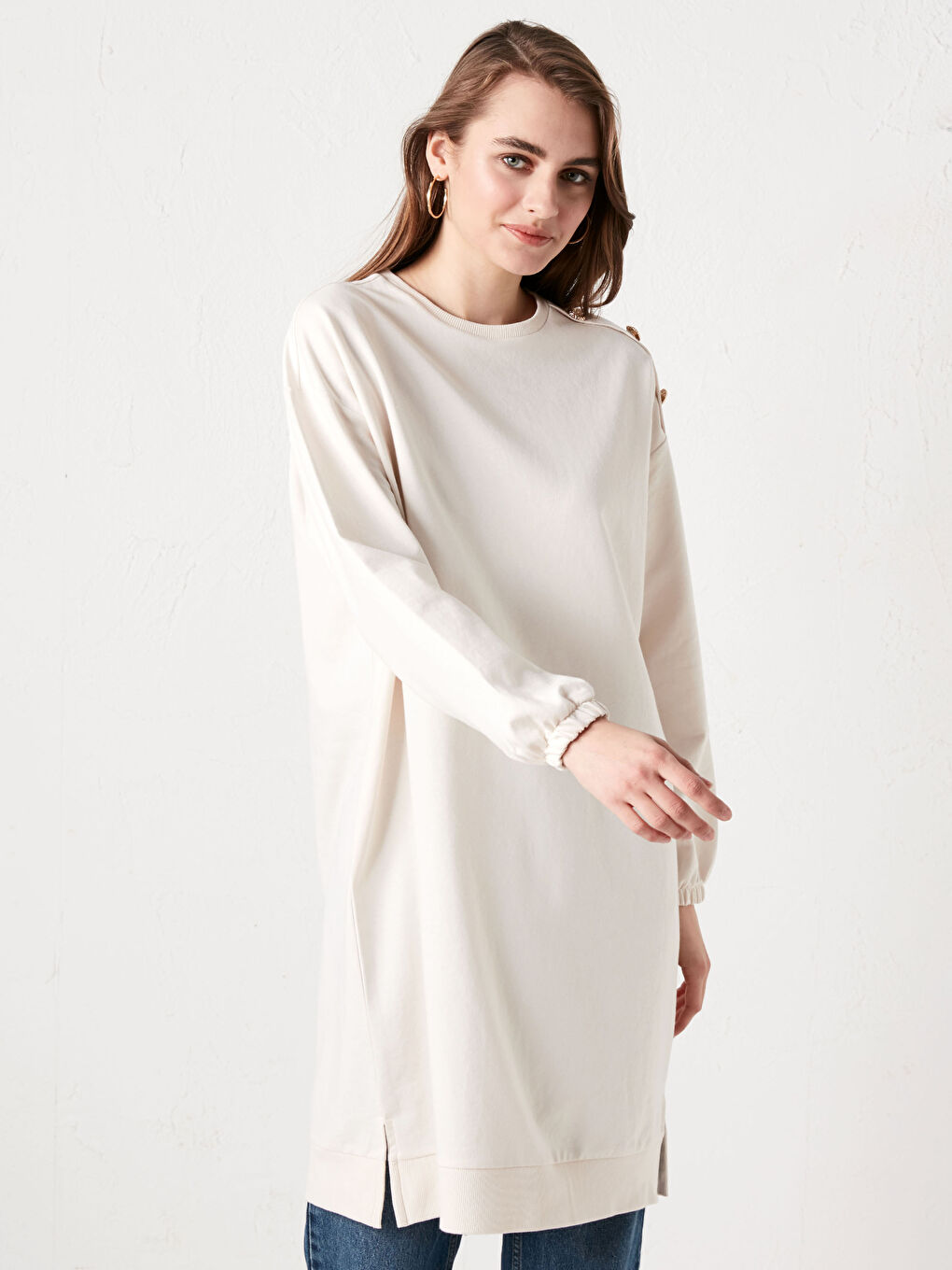 Siyah Bisiklet Yaka Düz Uzun Kollu Kadın Sweatshirt Tunik-6