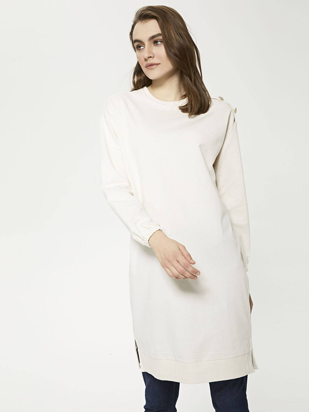 Gri Bisiklet Yaka Düz Uzun Kollu Kadın Sweatshirt Tunik-6