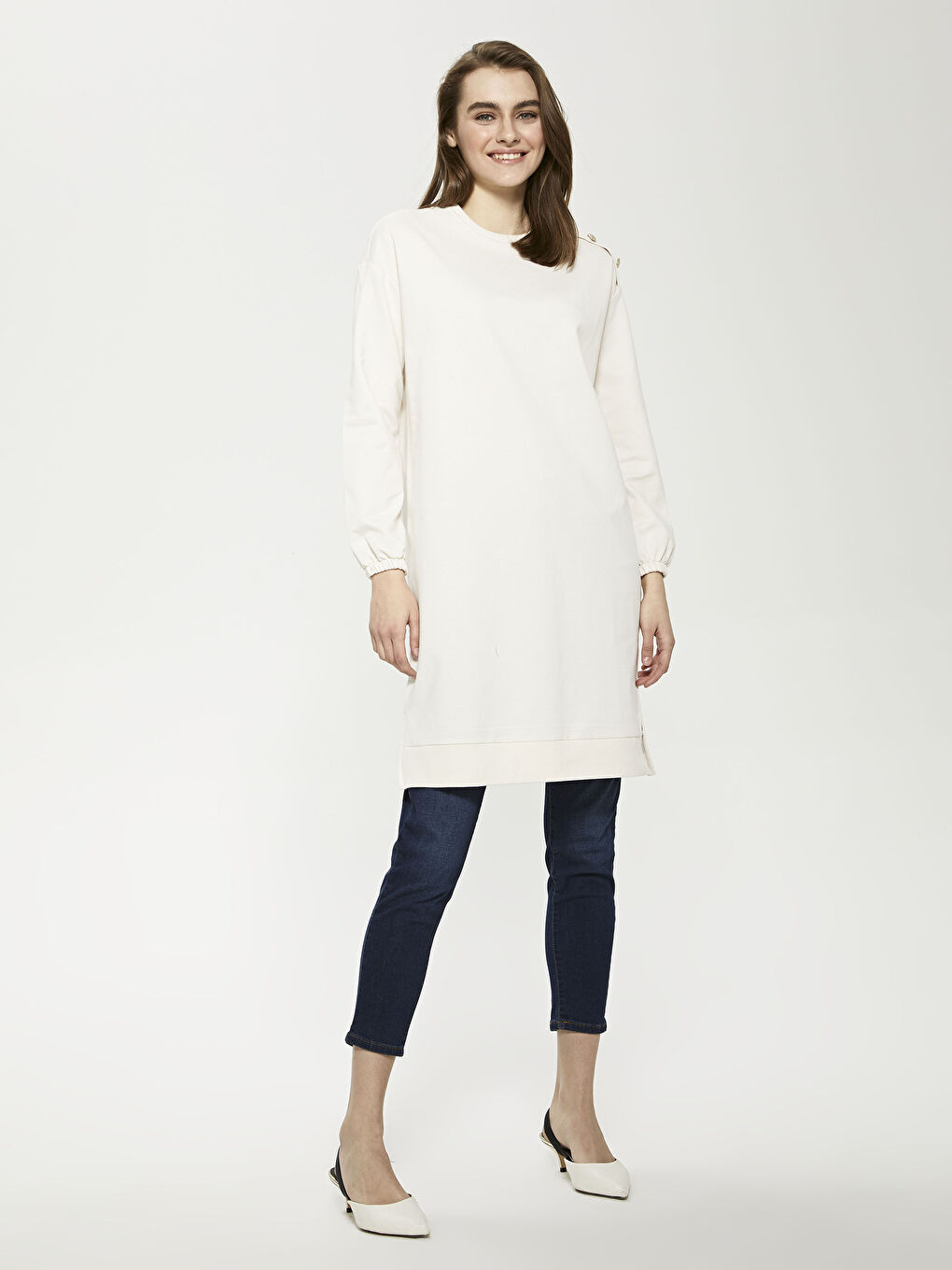 Gri Bisiklet Yaka Düz Uzun Kollu Kadın Sweatshirt Tunik-7