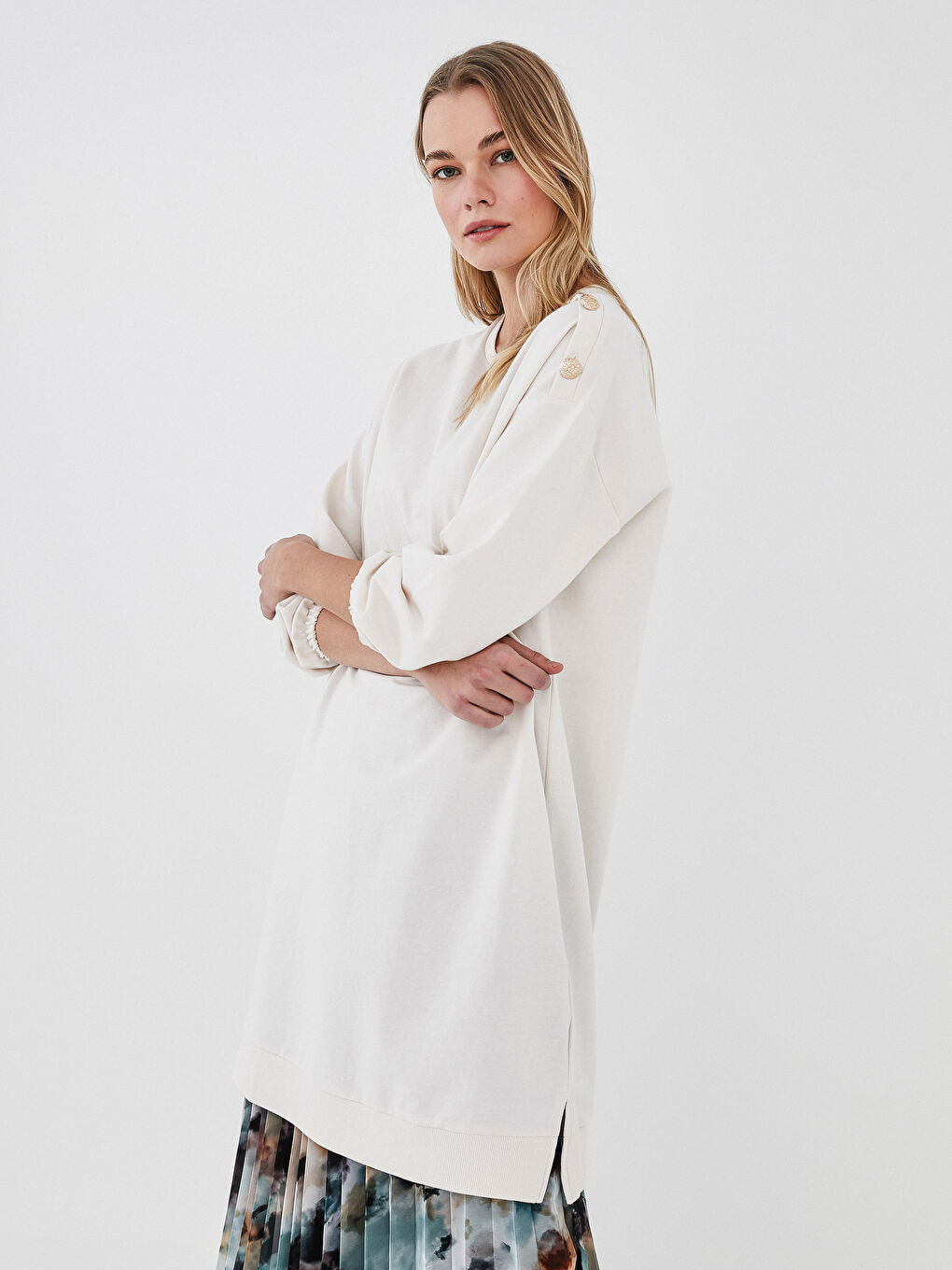 Gri Bisiklet Yaka Düz Uzun Kollu Kadın Sweatshirt Tunik-2