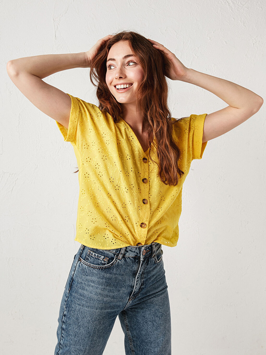 LCW Vision V Neck Floral Embroidered Short Sleeve Women Blouse -S1DQ25Z8-FVL