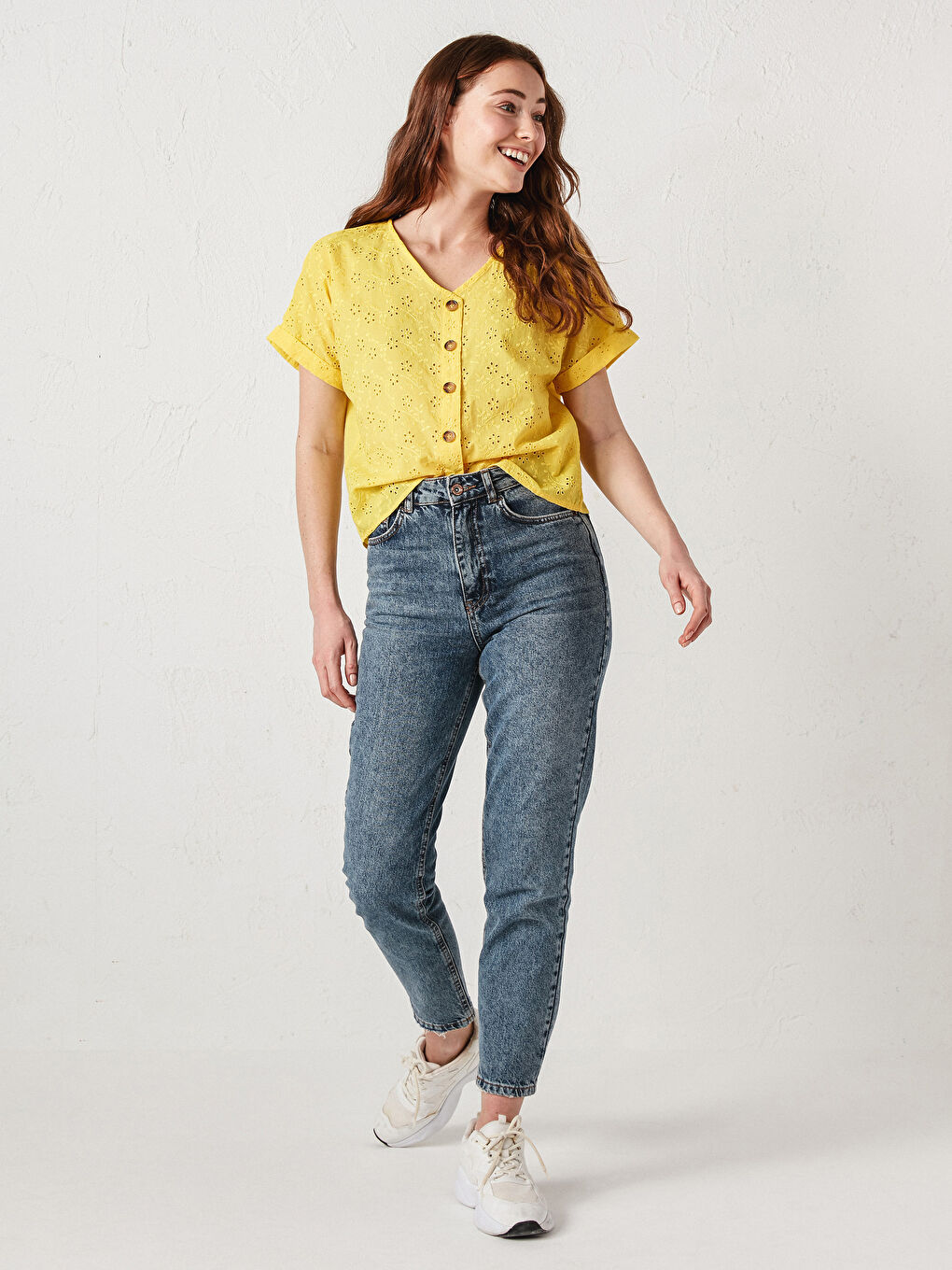 LCW Vision V Neck Floral Embroidered Short Sleeve Women Blouse -S1DQ25Z8-FVL