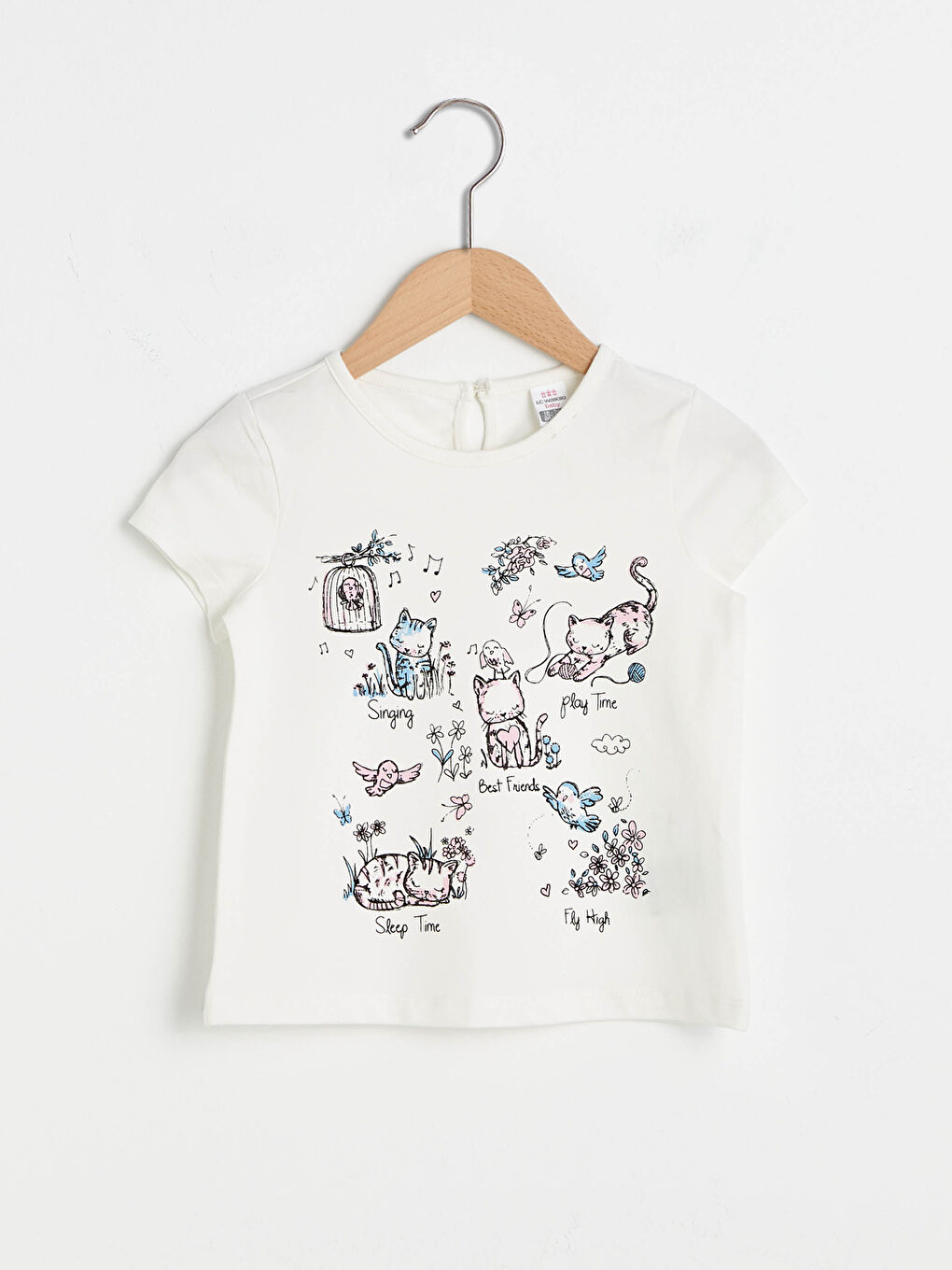 Ekru Bisiklet Yaka Kısa Kol Baskılı Pamuklu Kız Bebek Tişört