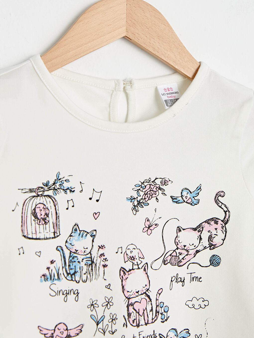 Ekru Bisiklet Yaka Kısa Kol Baskılı Pamuklu Kız Bebek Tişört-2