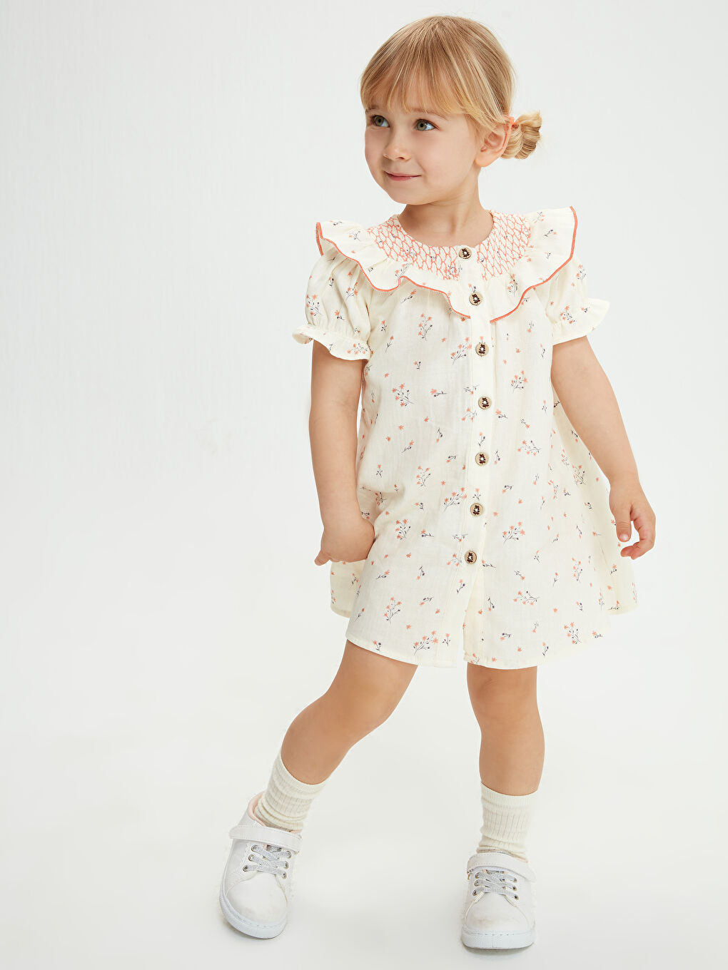 Ekru Bisiklet Yaka Kısa Kol Baskılı Pamuklu Kız Bebek Elbise