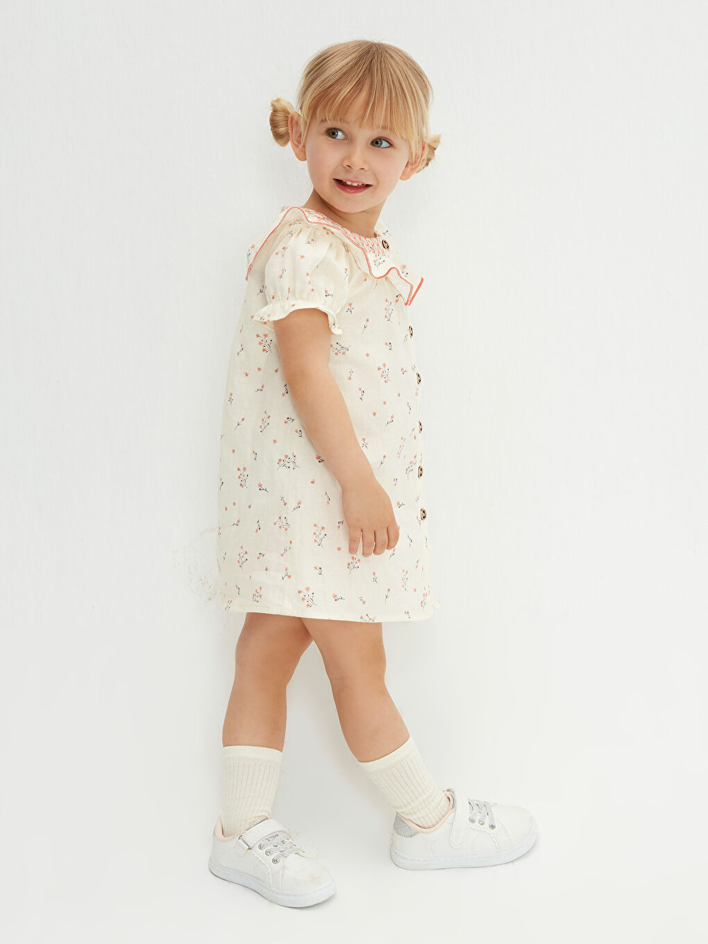 Ekru Bisiklet Yaka Kısa Kol Baskılı Pamuklu Kız Bebek Elbise-4