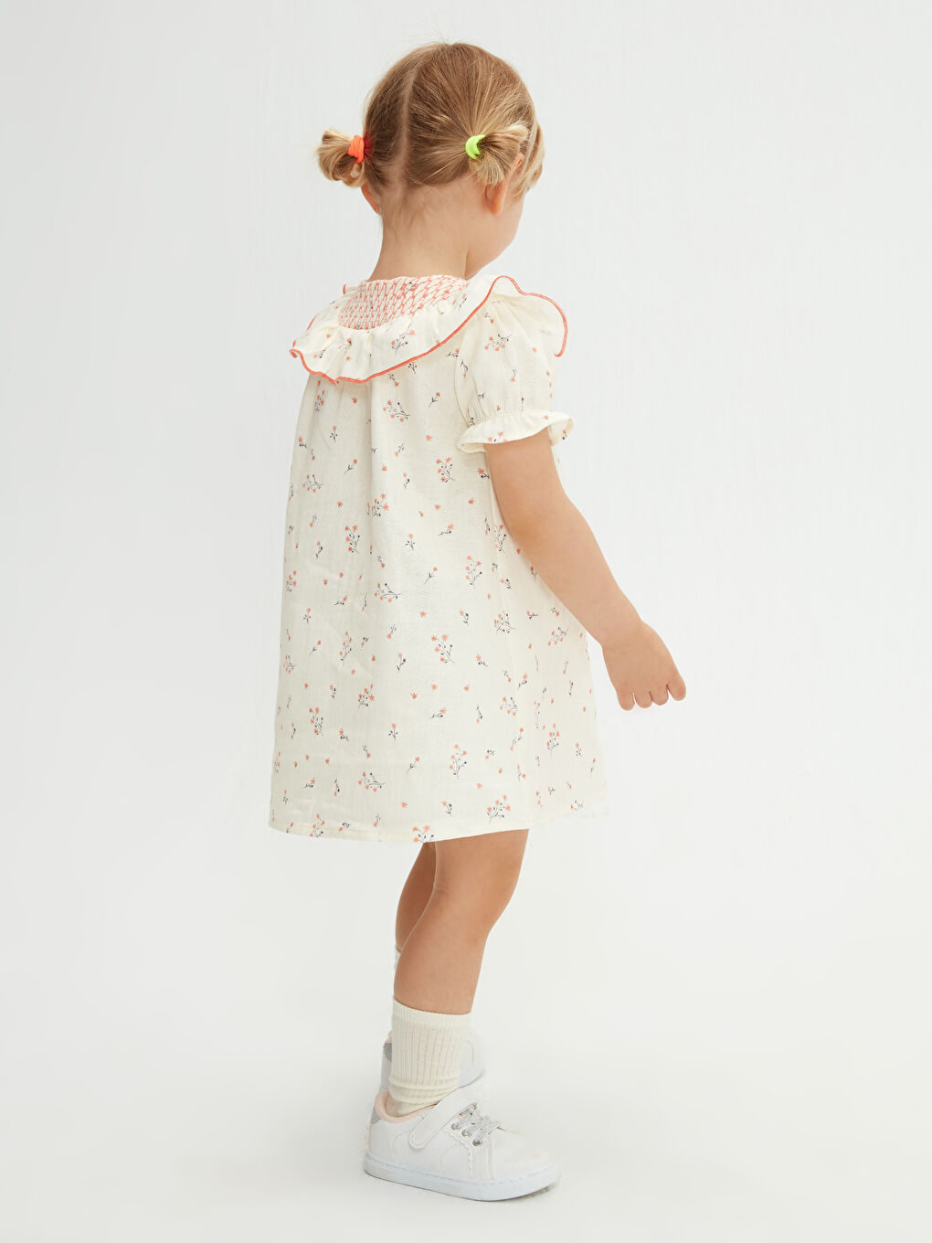 Ekru Bisiklet Yaka Kısa Kol Baskılı Pamuklu Kız Bebek Elbise-1