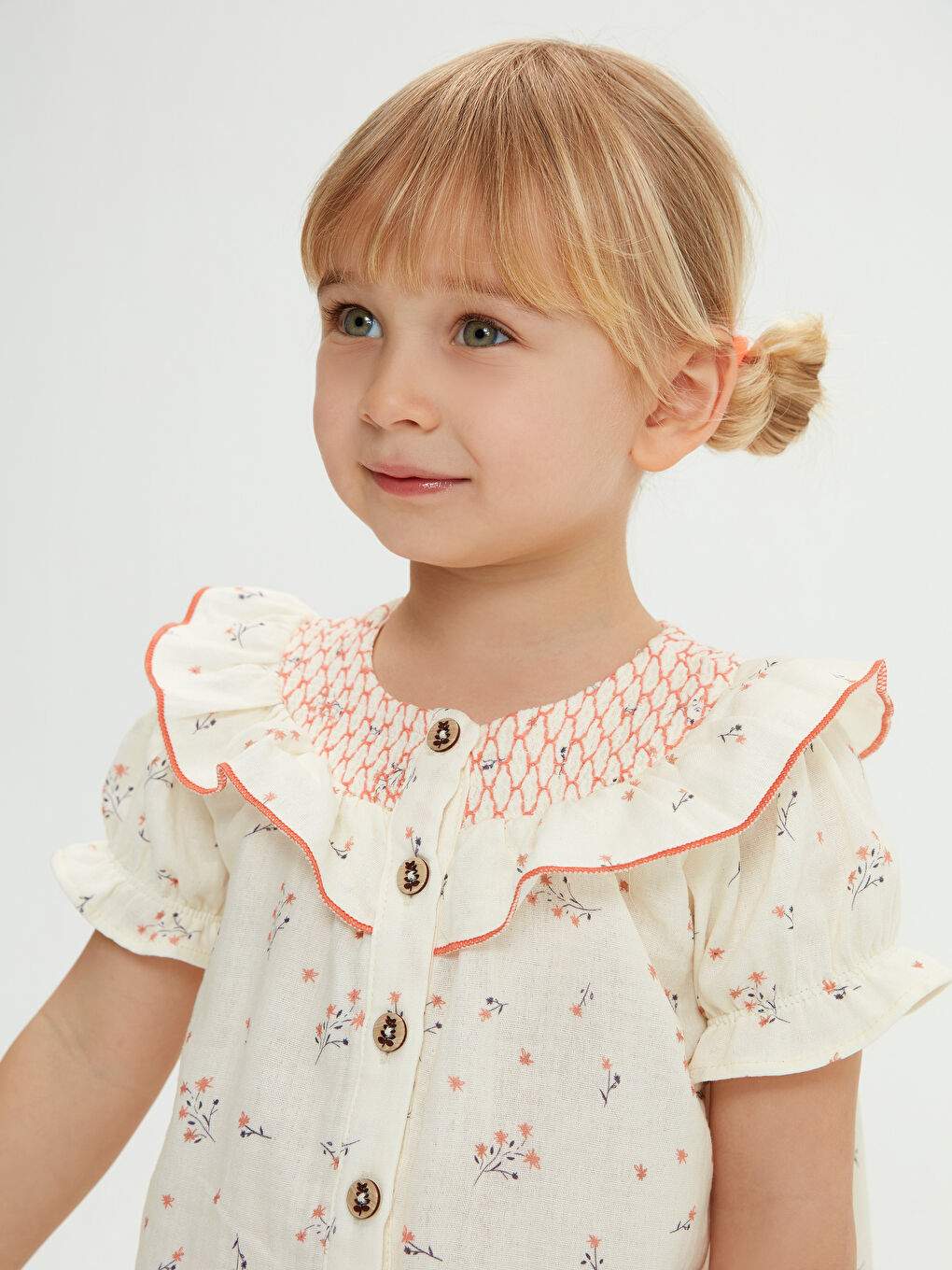 Ekru Bisiklet Yaka Kısa Kol Baskılı Pamuklu Kız Bebek Elbise-2