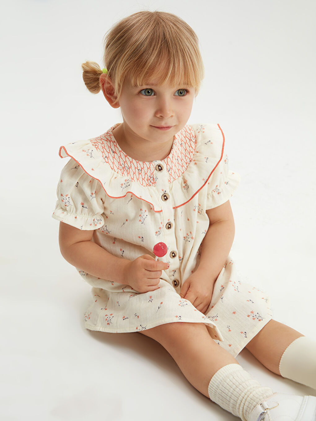 Ekru Bisiklet Yaka Kısa Kol Baskılı Pamuklu Kız Bebek Elbise-3