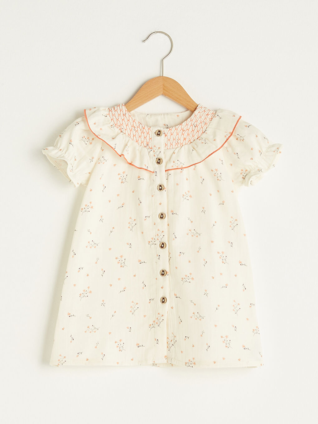 Ekru Bisiklet Yaka Kısa Kol Baskılı Pamuklu Kız Bebek Elbise-5