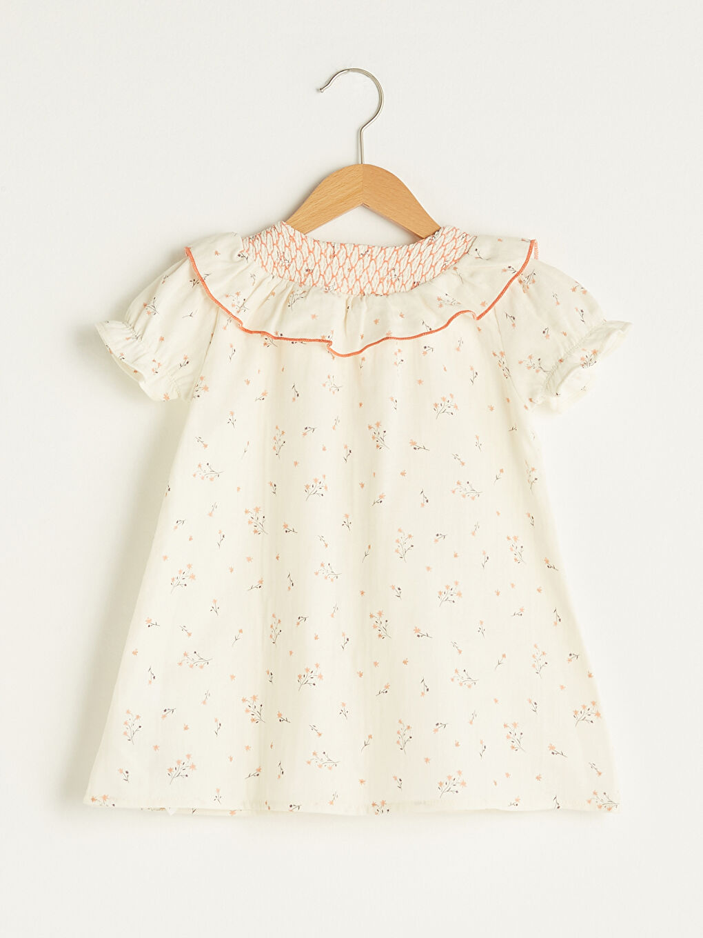 Ekru Bisiklet Yaka Kısa Kol Baskılı Pamuklu Kız Bebek Elbise-6