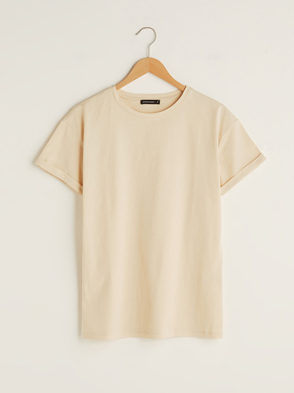 Bej Bisiklet Yaka Düz Kısa Kollu Pamuklu Kadın Tişört-5