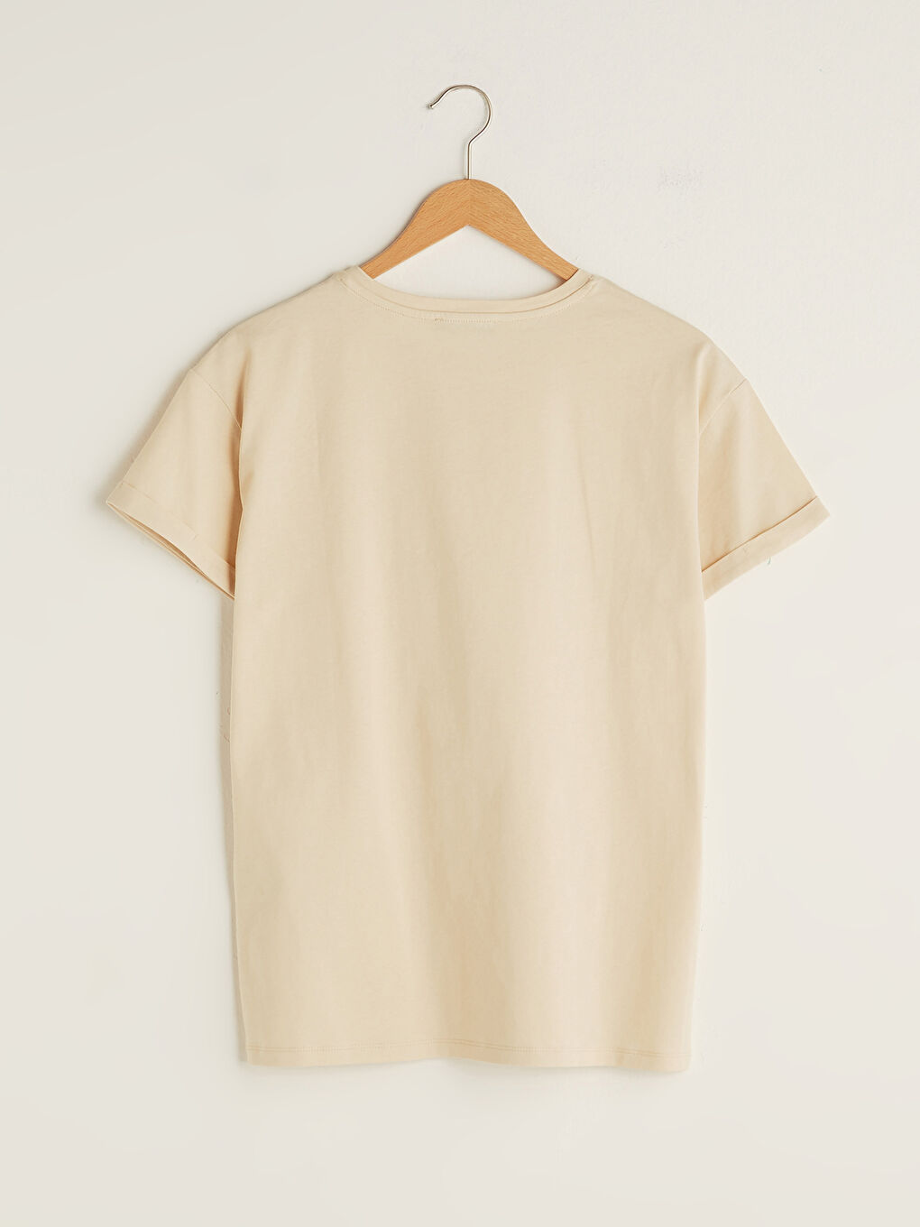 Bej Bisiklet Yaka Düz Kısa Kollu Pamuklu Kadın Tişört-6