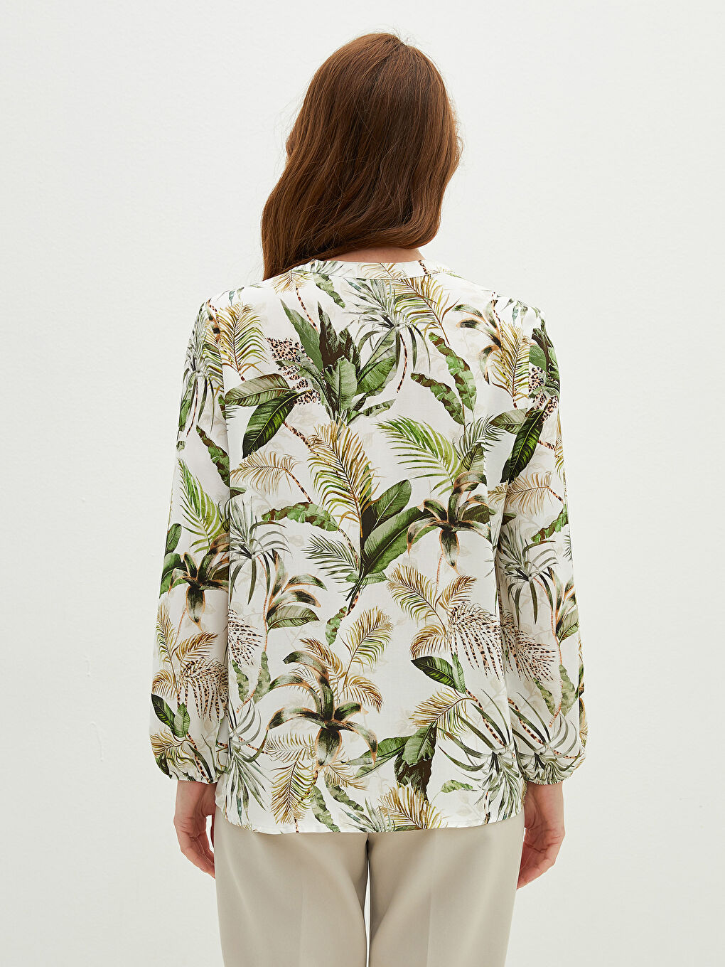 Yeşil Bağlamalı Yaka Baskılı Uzun Kollu Viskon Kadın Bluz-4