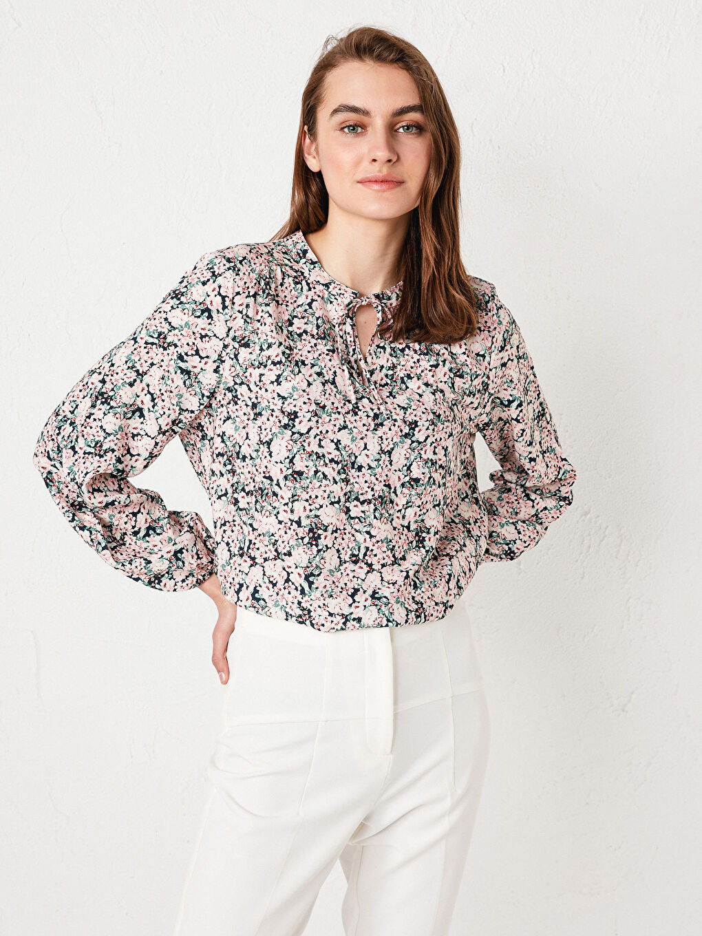 Tie Collar Printed Long Sleeve Viscose Women's Blouse