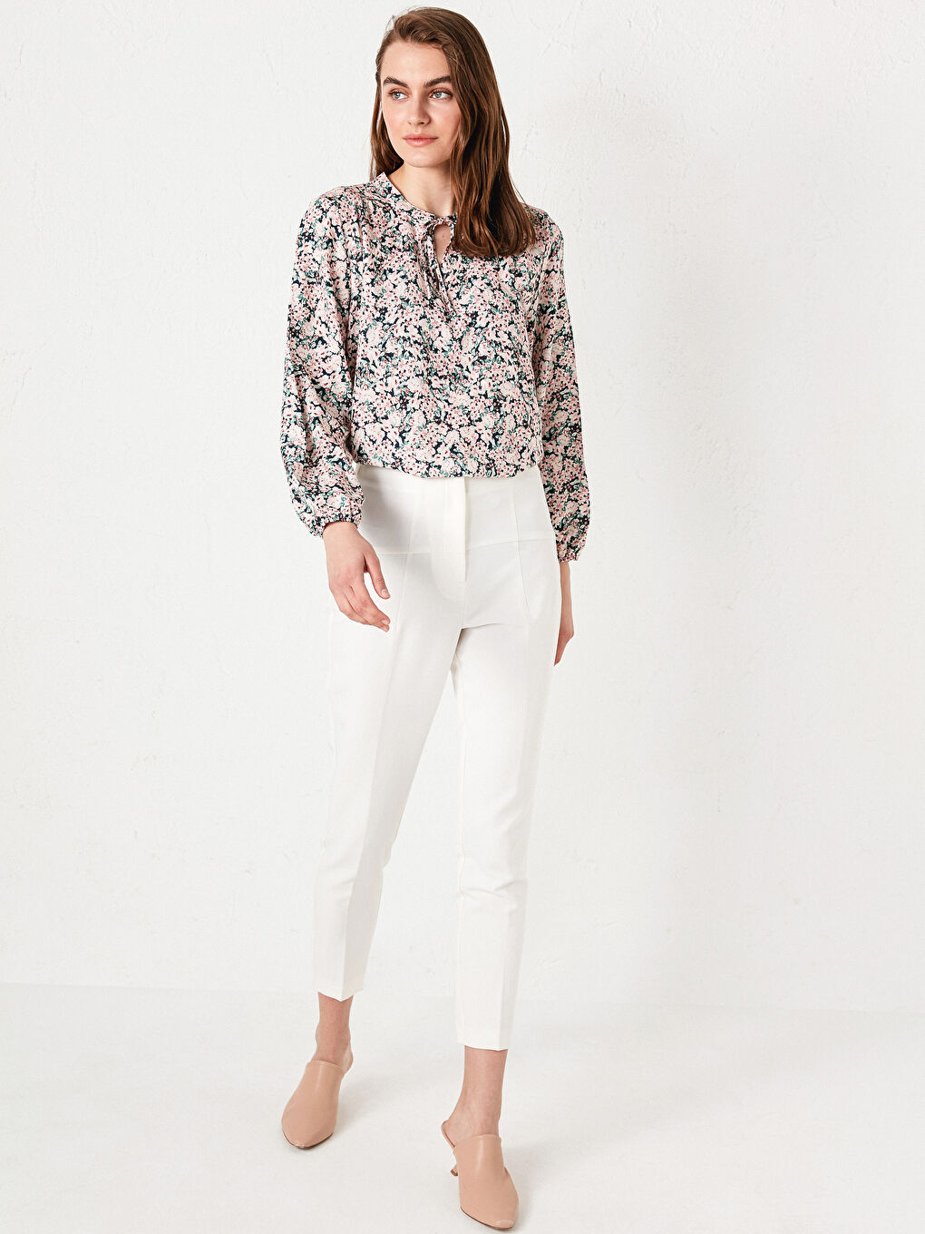 Tie Collar Printed Long Sleeve Viscose Women's Blouse-3
