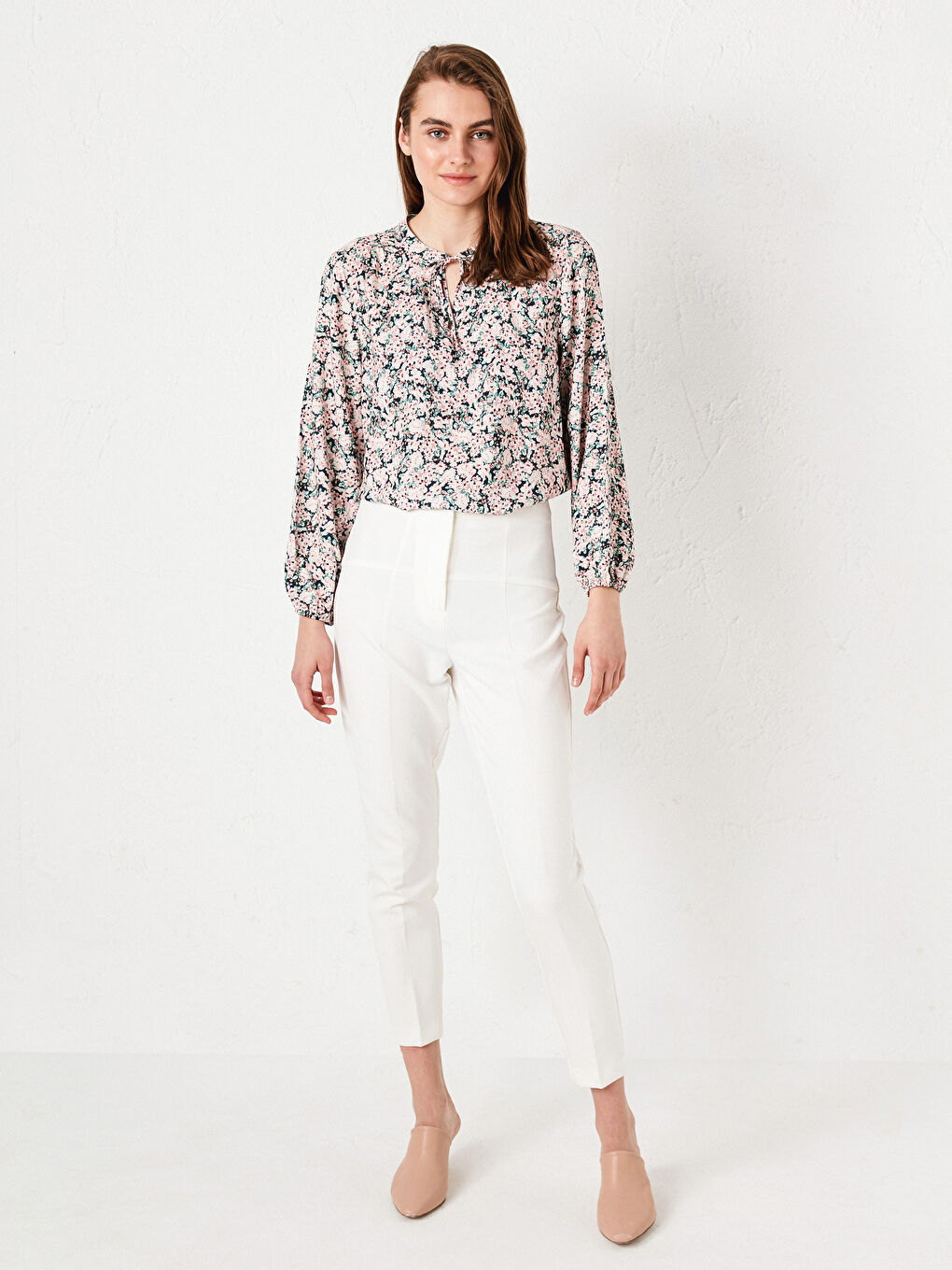 Tie Collar Printed Long Sleeve Viscose Women's Blouse-4