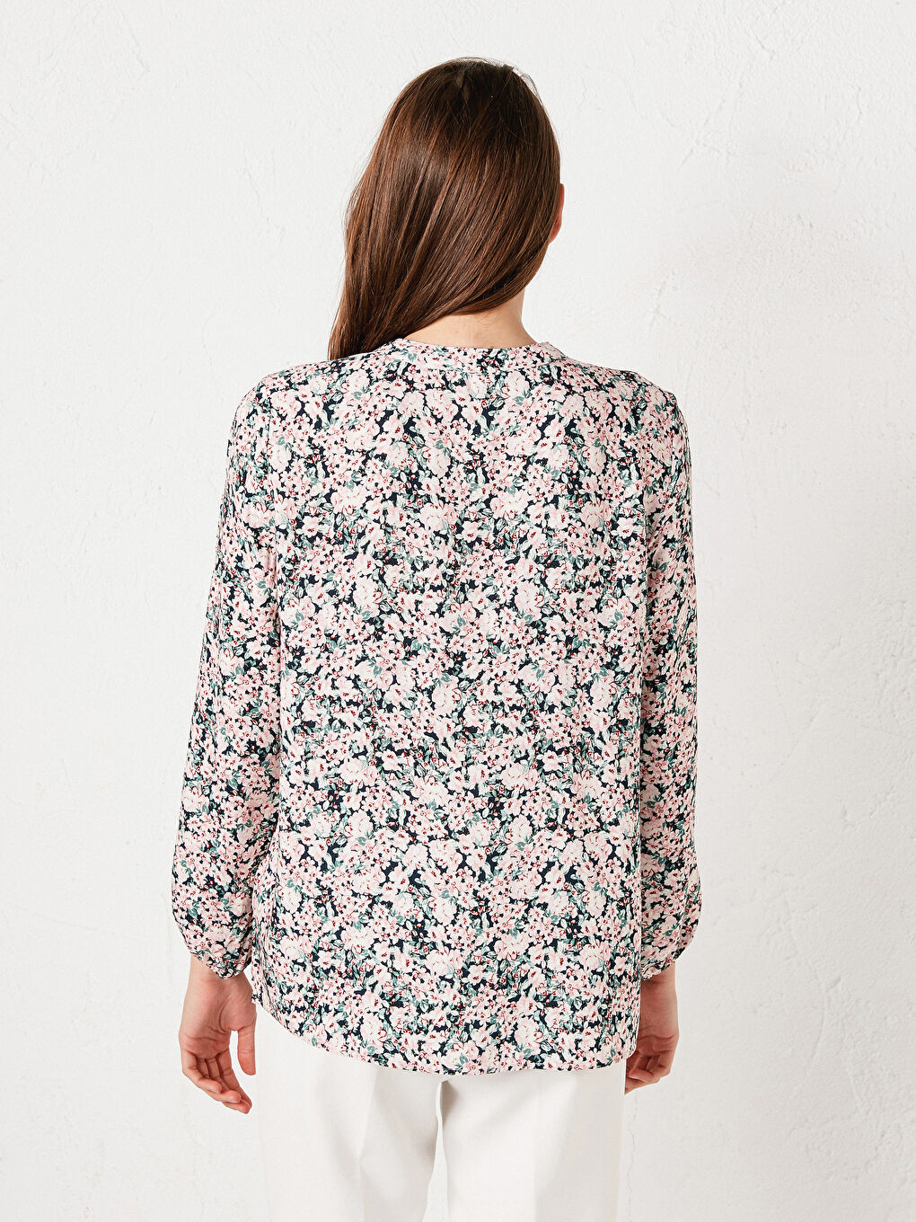 Tie Collar Printed Long Sleeve Viscose Women's Blouse-5