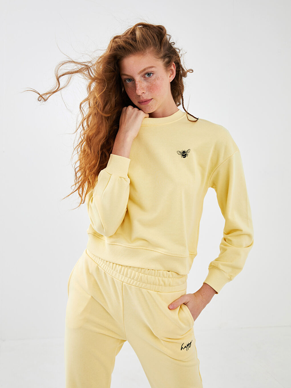 Sarı Bisiklet Yaka Nakışlı Uzun Kollu Kadın Sweatshirt