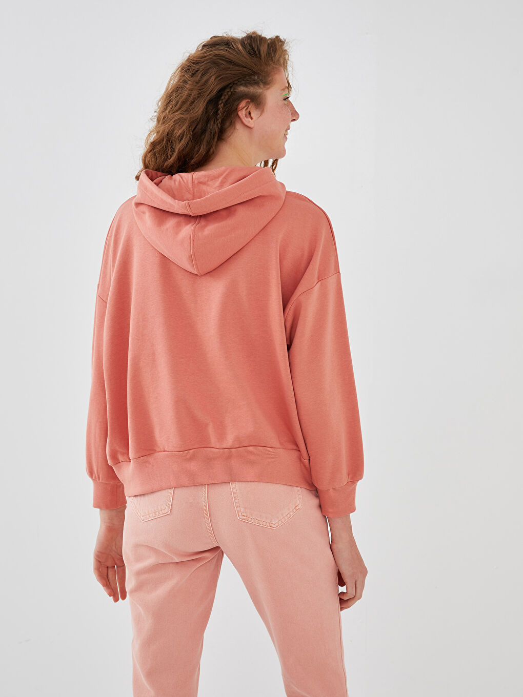 Pembe Nakışlı Uzun Kollu Oversize Kadın Hoodie-6