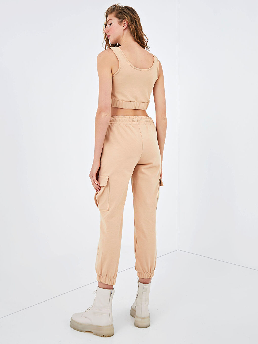 Bej Beli Lastikli Cep Detaylı Kadın Jogger Eşofman Altı-8