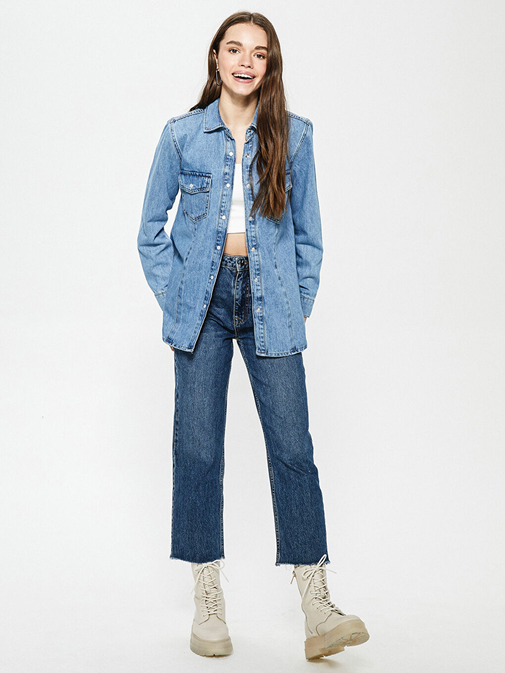 Cămașă din denim cu guler, detalii buzunar și mânecă lungă pentru Femei-3