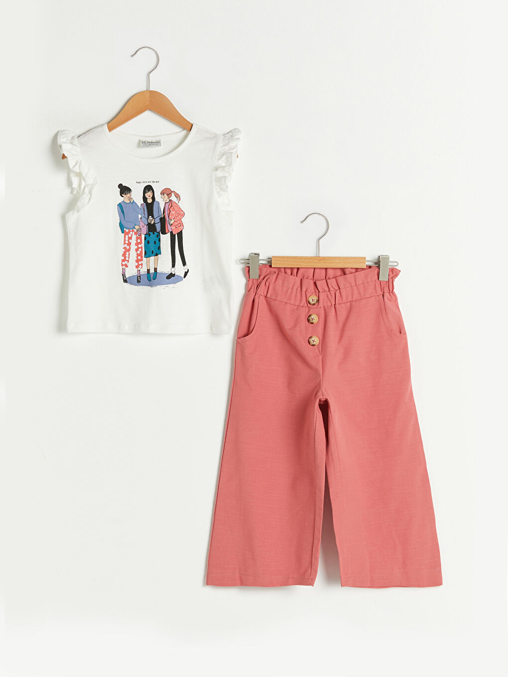 Ensemble Blouse et Pantalon Fille en Coton à Manches Courtes Volantées et Imprimé à Col Rond