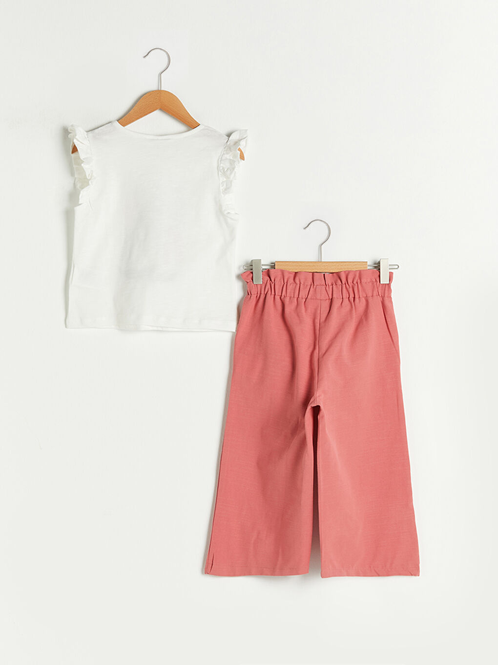 Ensemble Blouse et Pantalon Fille en Coton à Manches Courtes Volantées et Imprimé à Col Rond-1