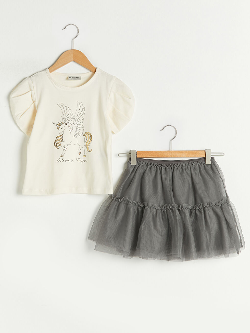 Ekru Bisiklet Yaka Baskılı Kısa Kollu Kız Çocuk Tişört ve Tül Etek