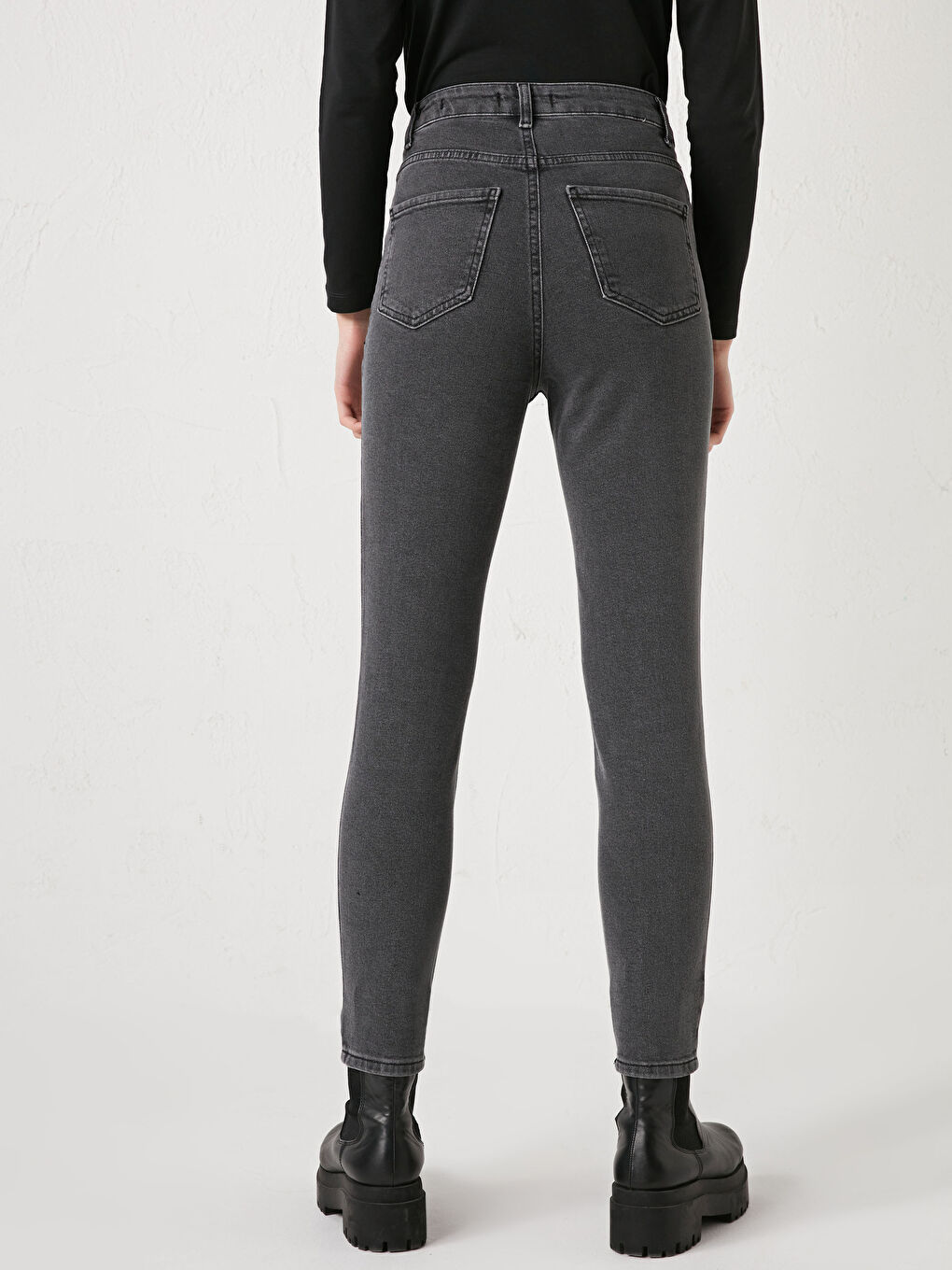 Gri Yüksek Bel Slim Fit Kadın Jean Pantolon-1