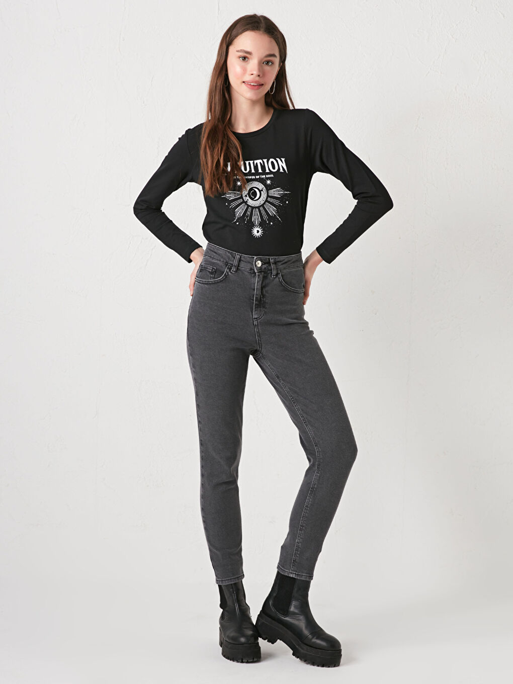 Gri Yüksek Bel Slim Fit Kadın Jean Pantolon