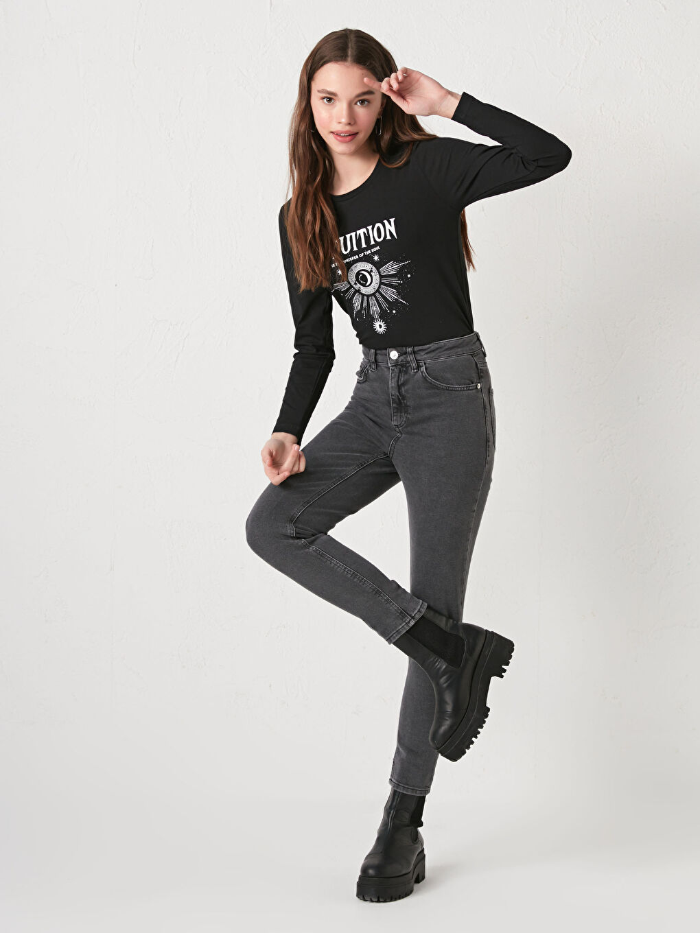 Gri Yüksek Bel Slim Fit Kadın Jean Pantolon-2