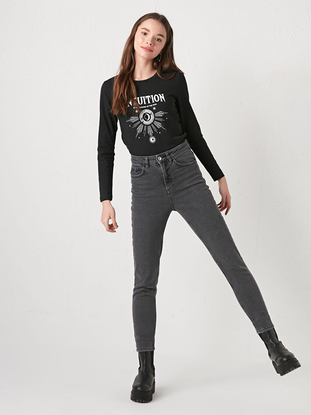 Gri Yüksek Bel Slim Fit Kadın Jean Pantolon-3