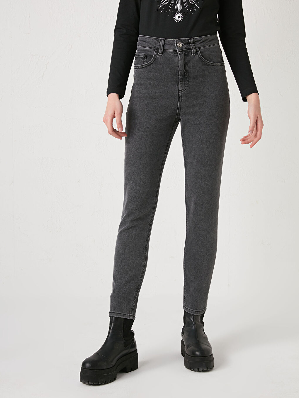 Gri Yüksek Bel Slim Fit Kadın Jean Pantolon-4